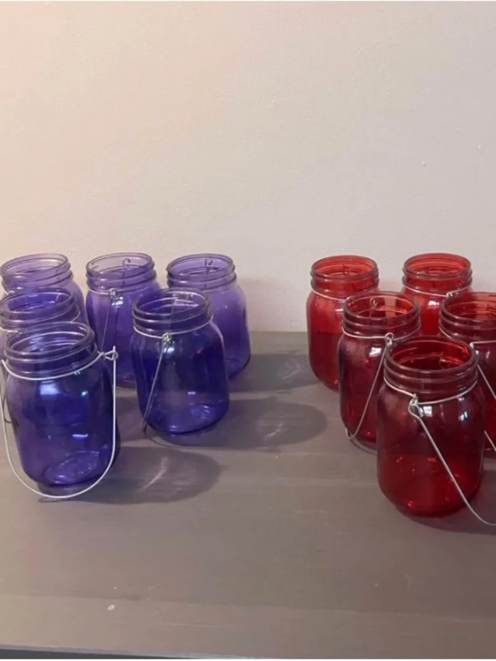Set of Red and Purple Glass Mason Jar Vases with Handles
